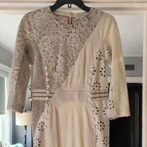 Byron Lars Beauty Mark White lace, leather look dress sz 4
